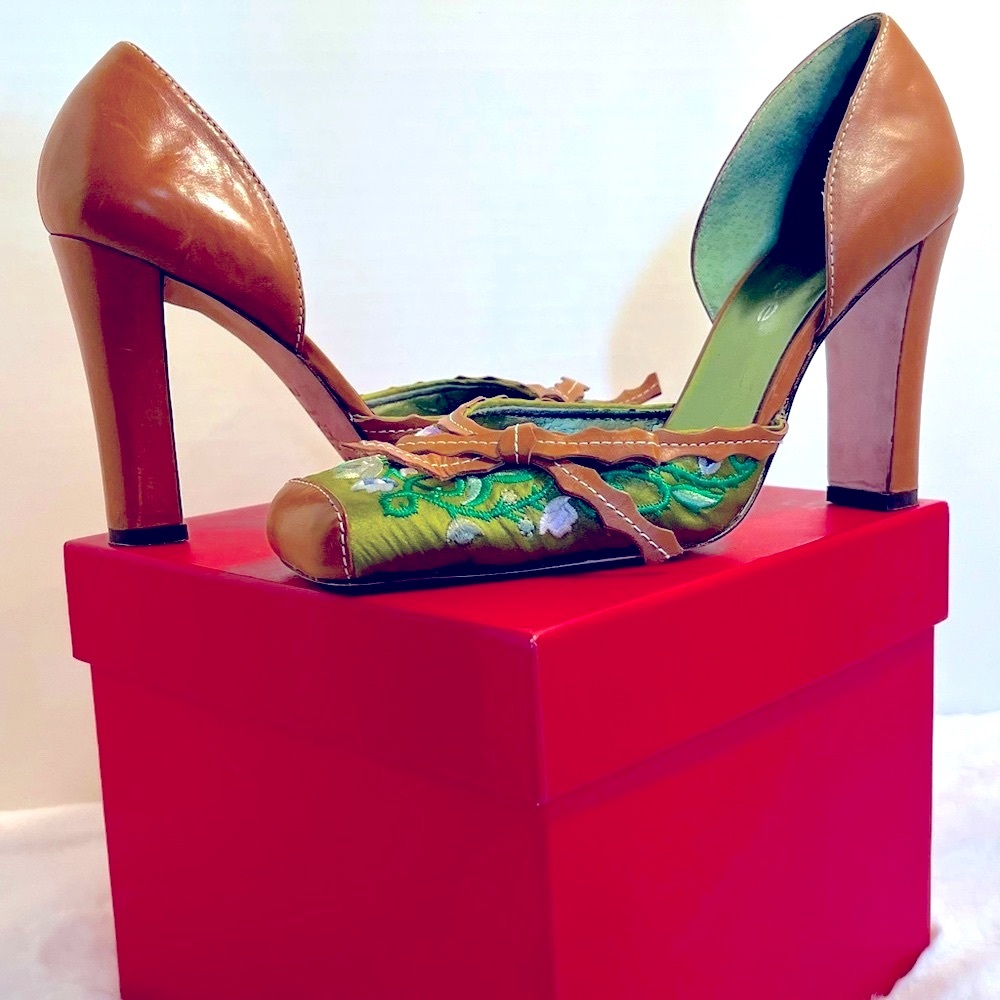 Lime Green Satin Brown Leather Hi Heels 5”  Lilac Floral Embroidery Sq.Toe 7 1/2 - Picture 13 of 14